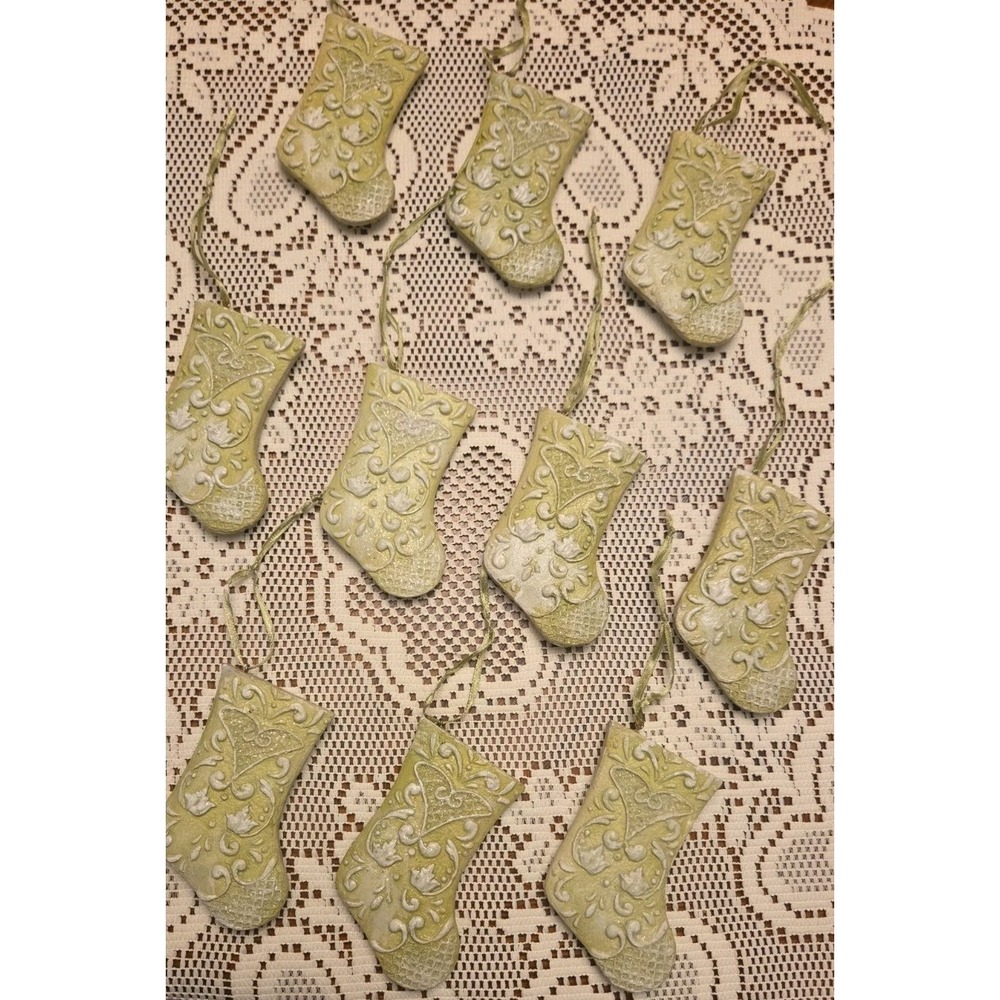 10 Green & White Christmas Stocking Ornaments 4" Tall Sparkles Victorian Style